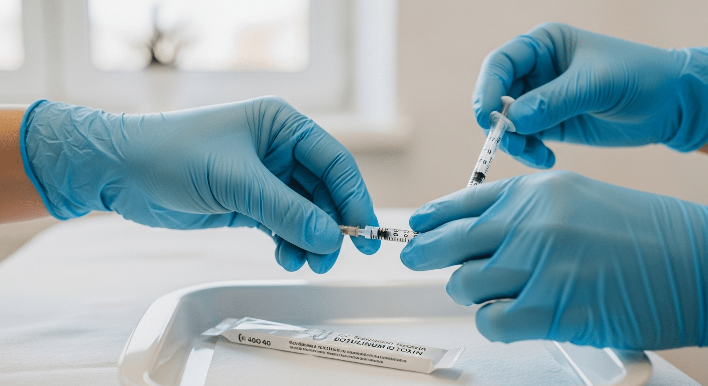 Lekarz Lea Clinic w rękawiczkach przygotowuje iniekcję toksyny botulinowej — bezpieczny zabieg botoksem w Krakowie