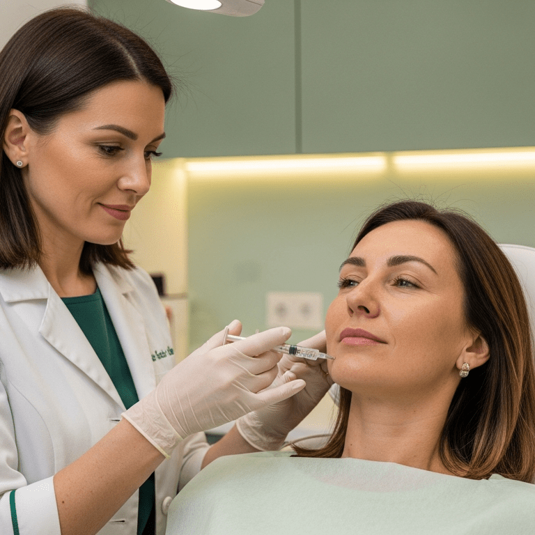 Lekarz Lea Clinic wykonuje iniekcję botoksu w mięsień żwacz pacjentki 45+, gabinet medyczny w centrum Krakowa