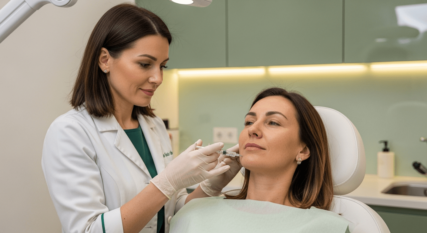 Lekarz Lea Clinic wykonuje iniekcję botoksu w mięsień żwacz pacjentki 45+, gabinet medyczny w centrum Krakowa