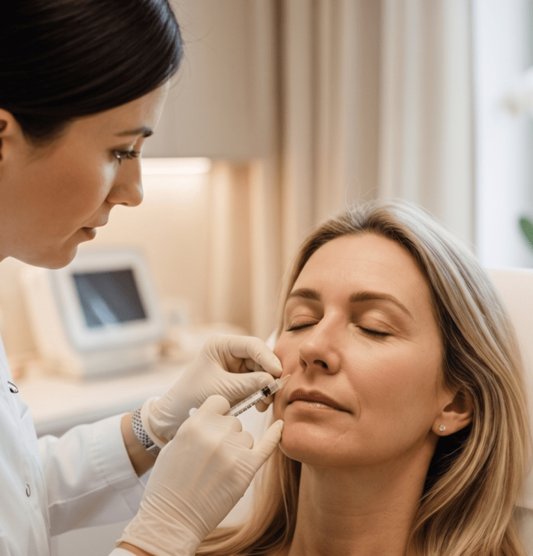 Lekarz Lea Clinic wykonuje iniekcję polynukleotydów PDRN w skórę okolicy oczu pacjentki 45+, gabinet medyczny Kraków