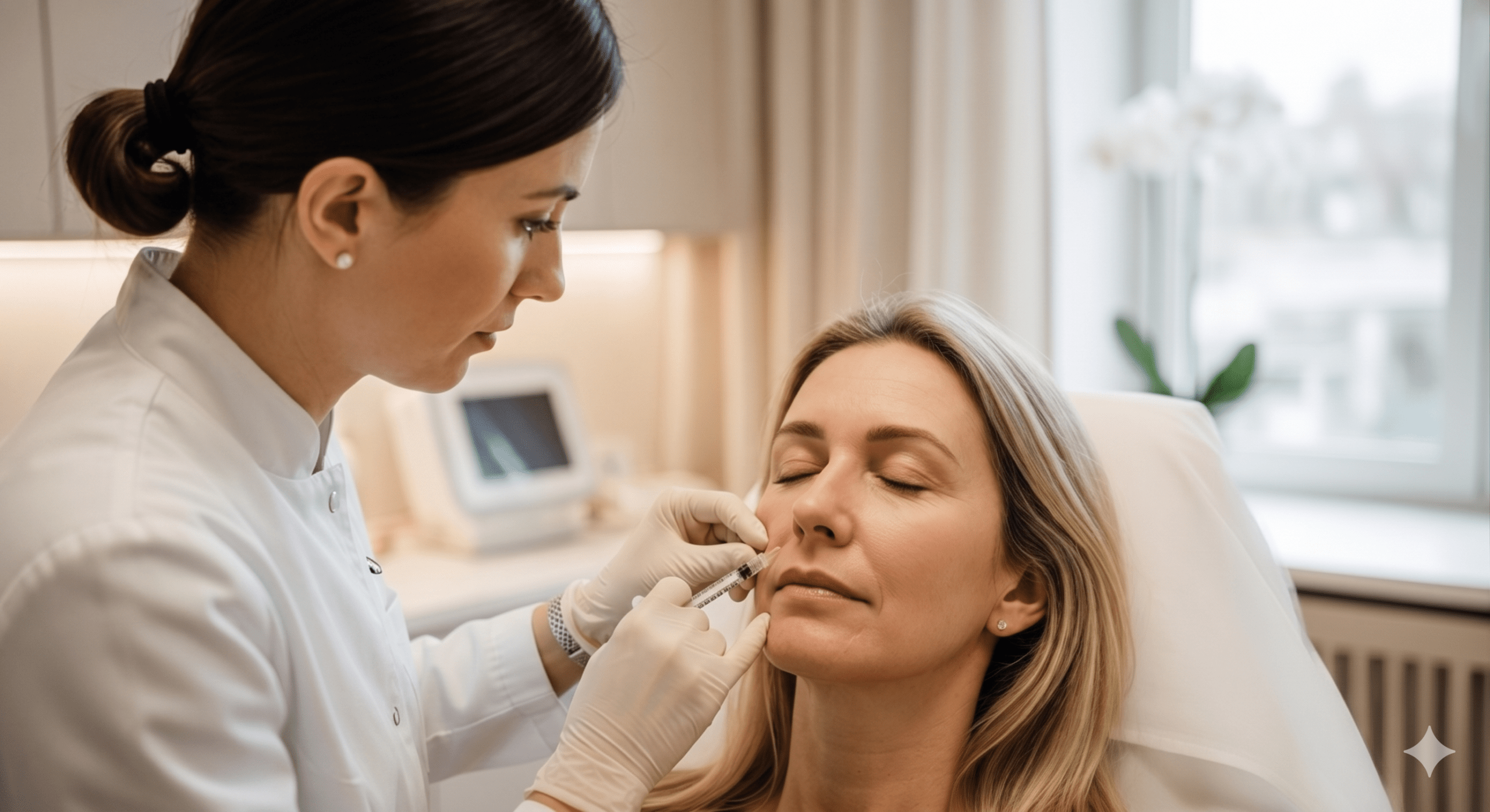 Lekarz Lea Clinic wykonuje iniekcję polynukleotydów PDRN w skórę okolicy oczu pacjentki 45+, gabinet medyczny Kraków