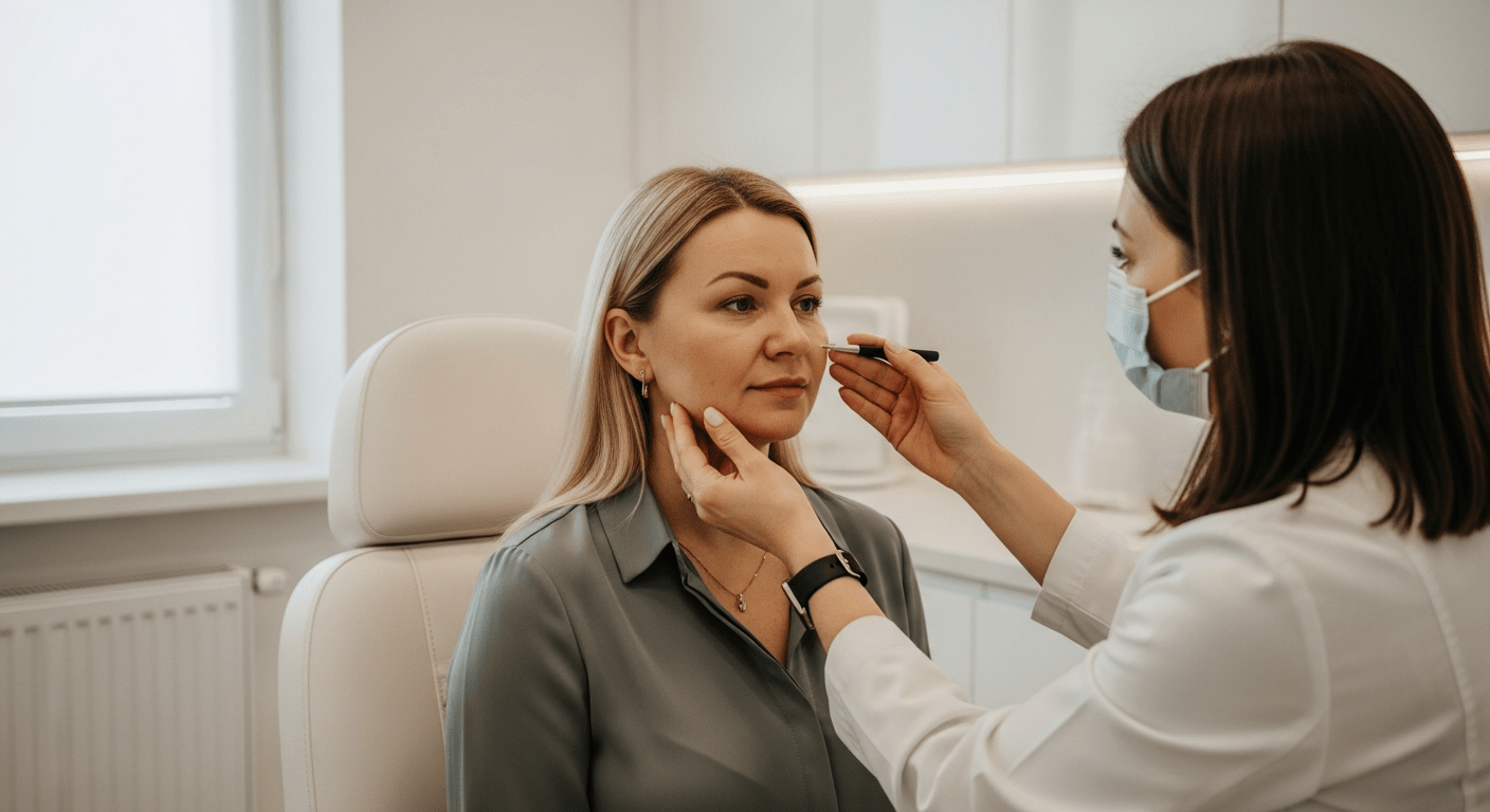 Pacjentka 45+ podczas konsultacji medycznej w sprawie Ozempic face w Lea Clinic Kraków, lekarz analizuje proporcje twarzy