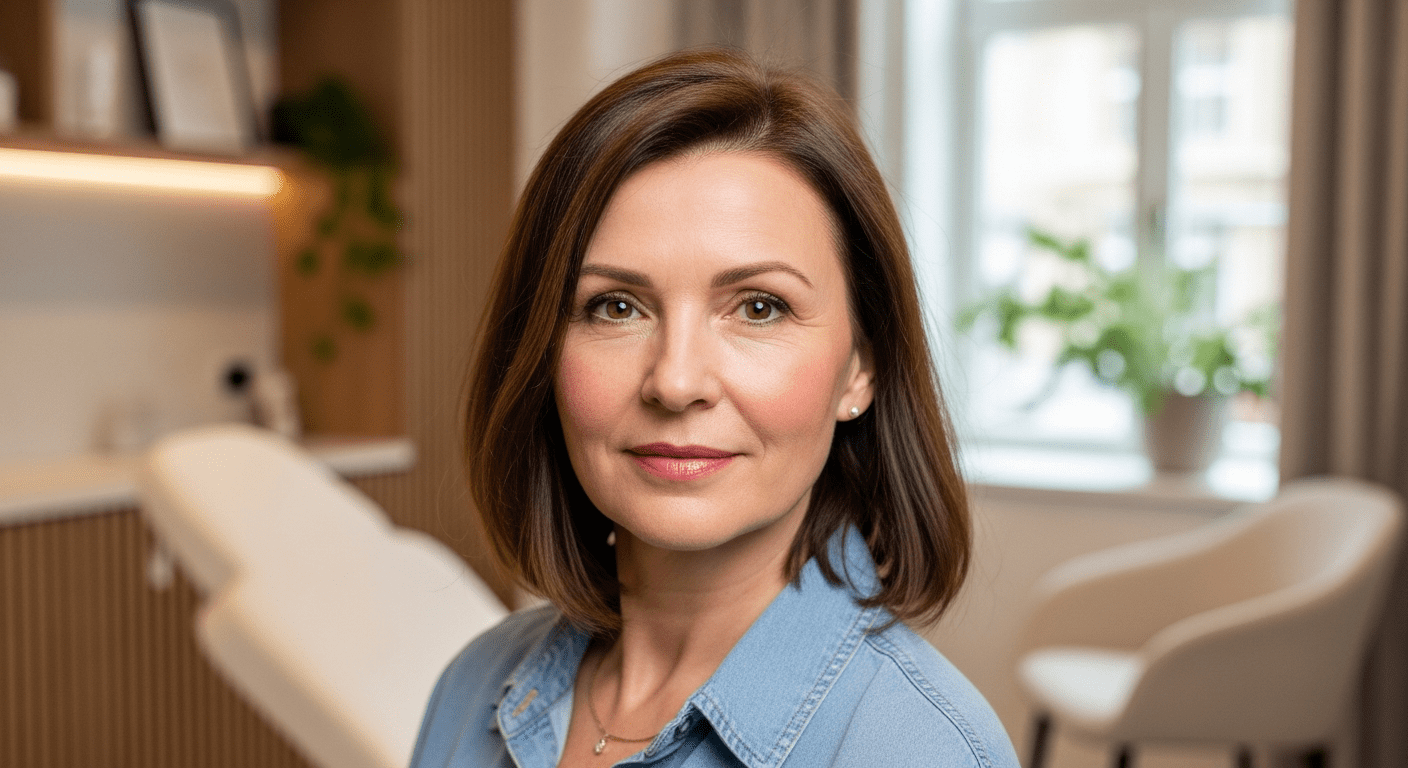 Pacjentka 50+ na konsultacji PDLLA w menopauzie w gabinecie Lea Clinic w Krakowie, lekarz analizuje skórę