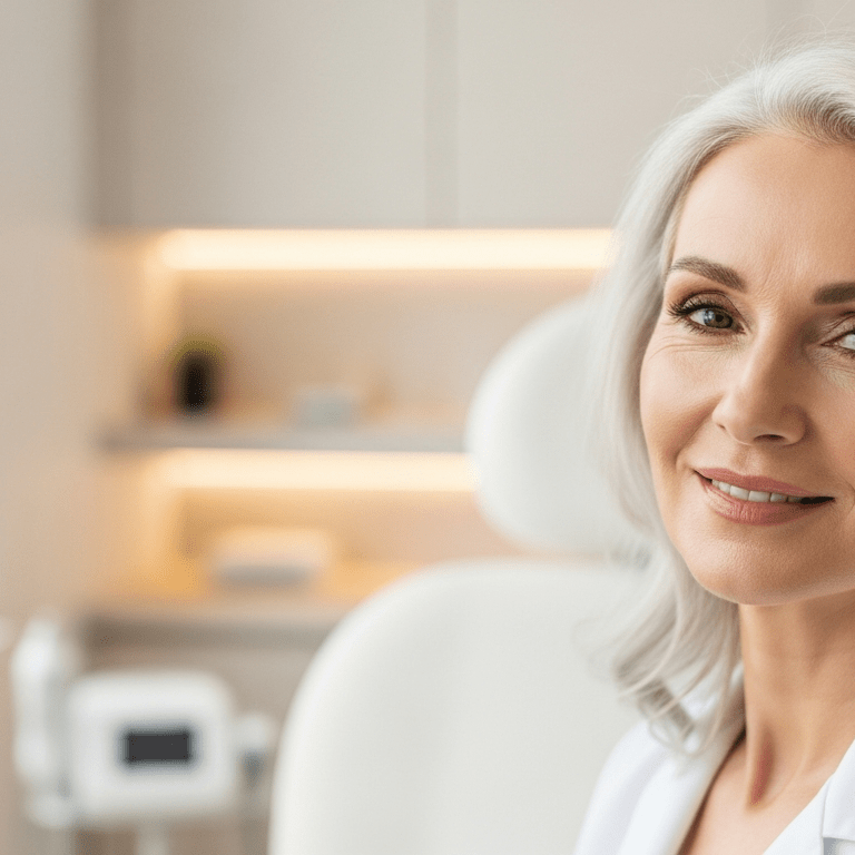 Skóra w menopauzie — konsultacja lekarska w Lea Clinic Kraków, pacjentka 50+ z dermatologiem oceniającym jakość skóry twarzy (122 zn)
