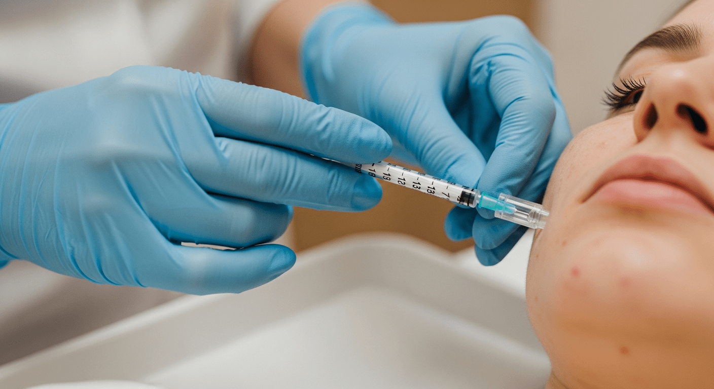 Lekarz Lea Clinic przygotowuje śródskórne iniekcje toksyny botulinowej na blizny potrądzikowe pacjentki, gabinet dermatologiczny Kraków