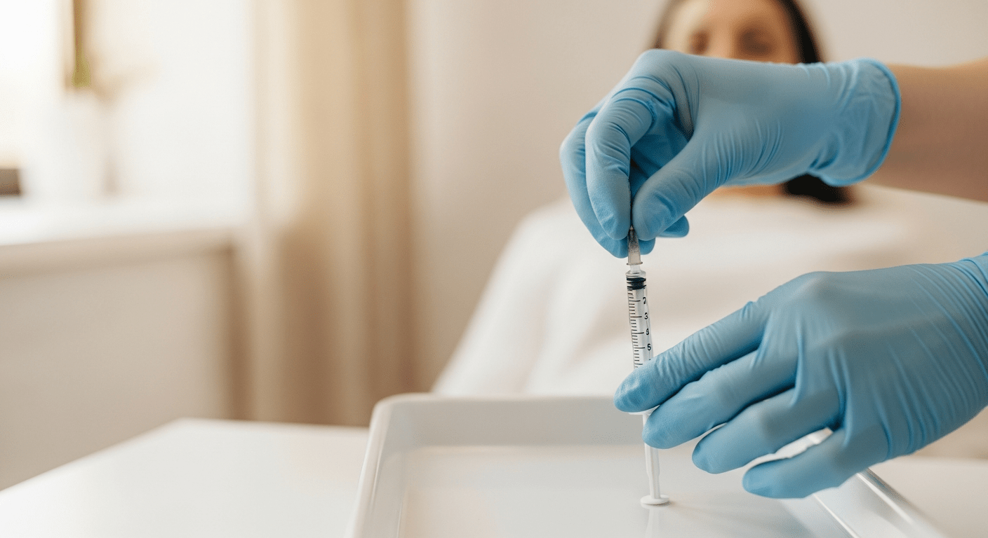 Lekarz Lea Clinic w rękawiczkach przygotowuje strzykawkę z fillerem HA do iniekcji estetycznej, gabinet medyczny Kraków