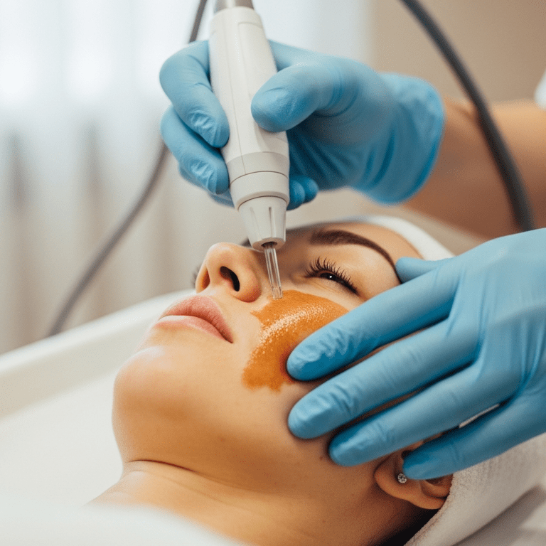 Lekarz Lea Clinic wykonuje zabieg RF microneedling na przebarwienia hormonalne twarzy pacjentki 45+, gabinet w Krakowie