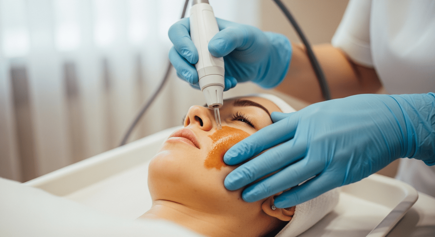 Lekarz Lea Clinic wykonuje zabieg RF microneedling na przebarwienia hormonalne twarzy pacjentki 45+, gabinet w Krakowie