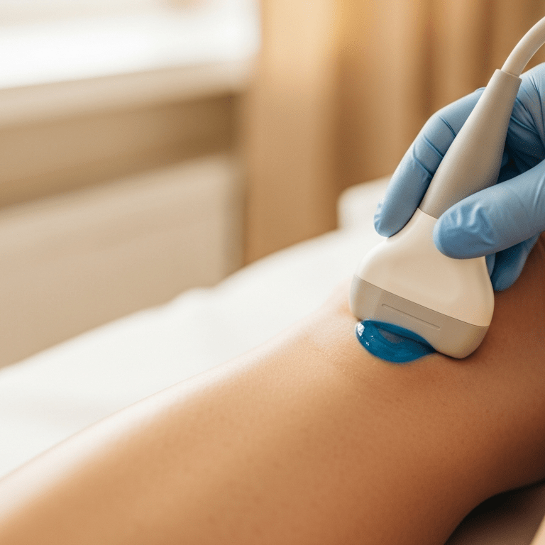 Flebolog dr Masłow wykonuje USG Doppler żył kończyn dolnych pacjentki w gabinecie Lea Clinic Kraków