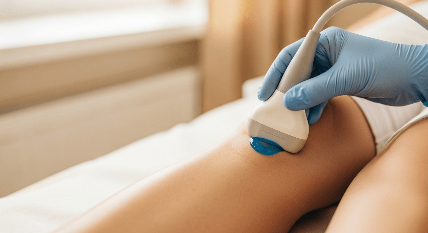 Flebolog dr Masłow wykonuje USG Doppler żył kończyn dolnych pacjentki w gabinecie Lea Clinic Kraków
